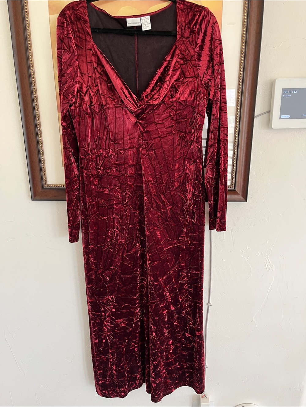 Newport News Crushed Velvet Long Sleeve V-Neck Maxi Dress in Wine